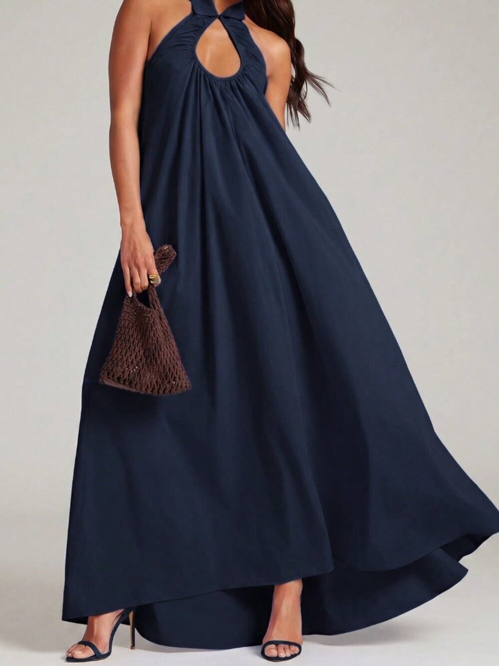 Navy Blue Elegant Women's Halter Neck Backless Ruched Casual Party Dress